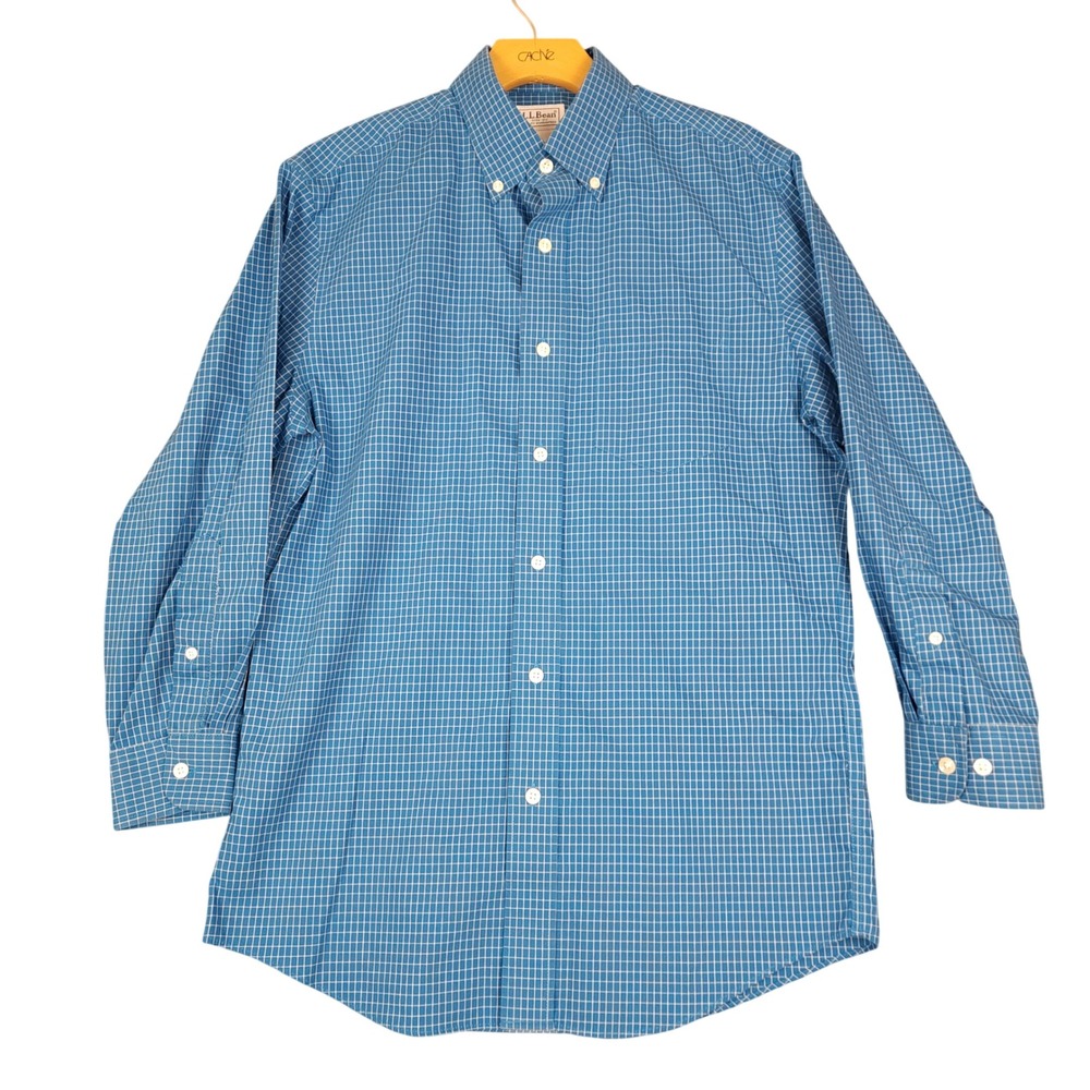 LL Bean Mens Small Blue White Grid Wrinkle Free Slightly Fitted Shirt 285291